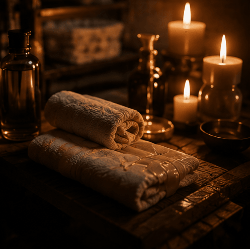 Oils, towels and candles prepared for the Premium Experience